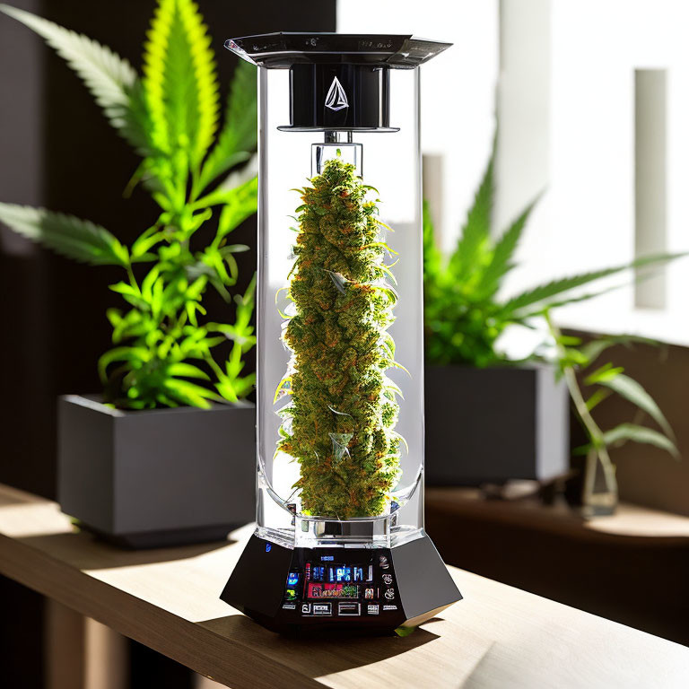 Cannabis Bud in Clear Container with Digital Interface in Plant-filled Room