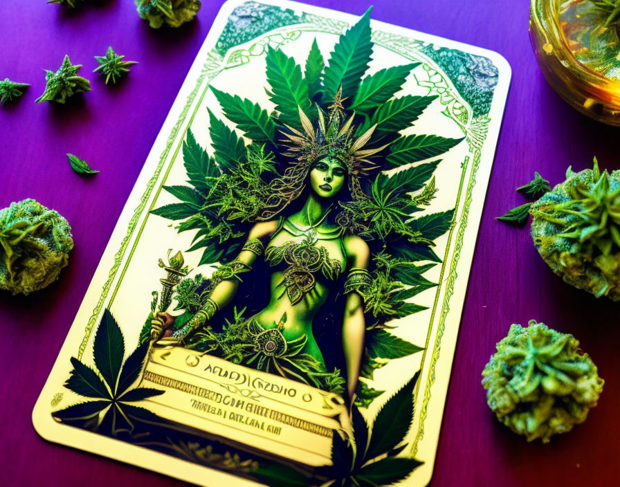 Colorful Woman with Cannabis Leaves and Buds on Purple Card