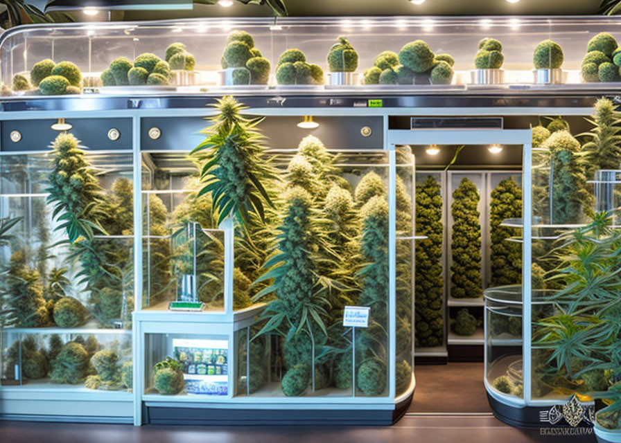 Dispensary interior featuring cannabis strains in jars and plants under bright lights
