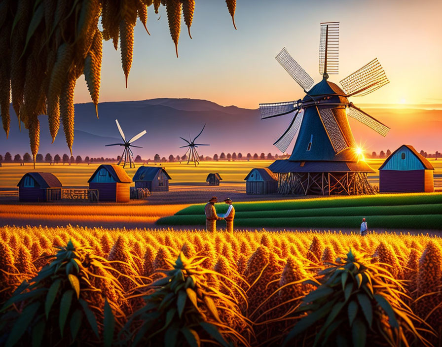 Rural sunset landscape with windmills, wheat field, and two people