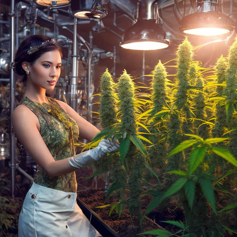 Woman in greenhouse with cannabis plants wearing gloves and apron among tall greenery