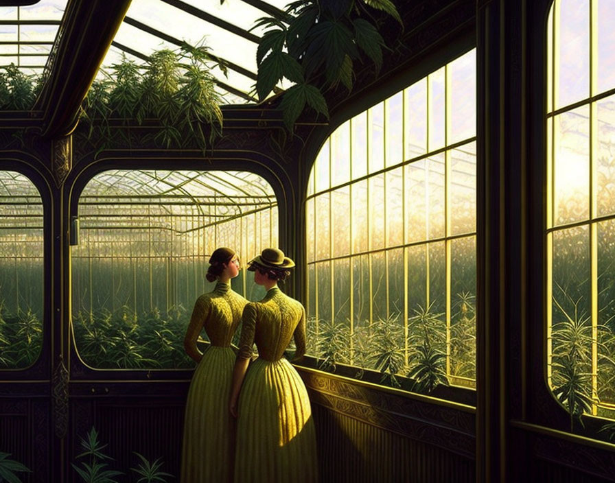Vintage dresses: Women in greenhouse among lush greenery