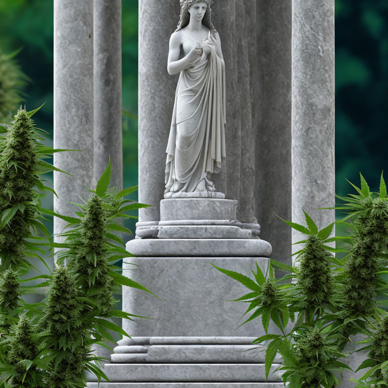 White Marble Statue of Draped Female Figure Among Cannabis Plants
