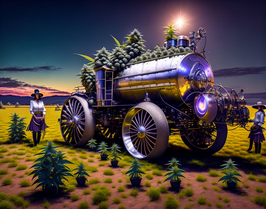 Vintage steam-punk style tractor with figures in period costumes in field at dusk