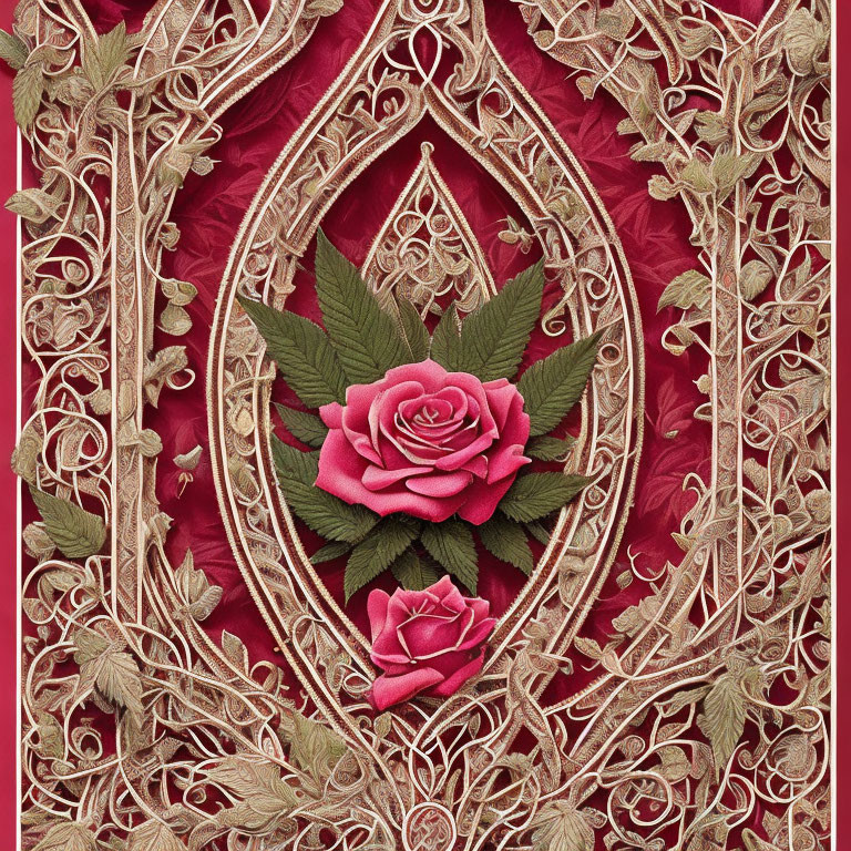 Golden Embroidery on Red Backdrop with Leafy and Rose Patterns