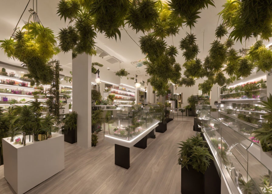 Modern Store Interior with Hanging Green Plants and Brightly Lit Shelves