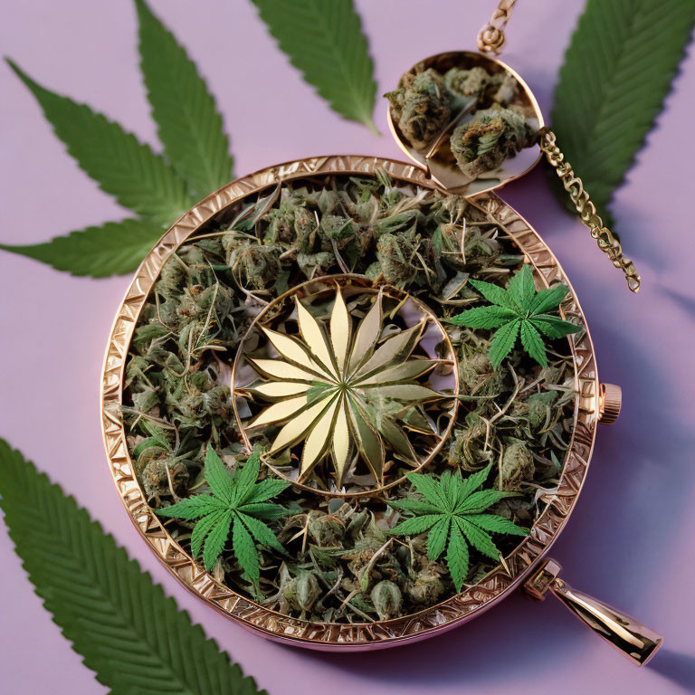 Pocket watch with cannabis buds and leaf design on purple background.