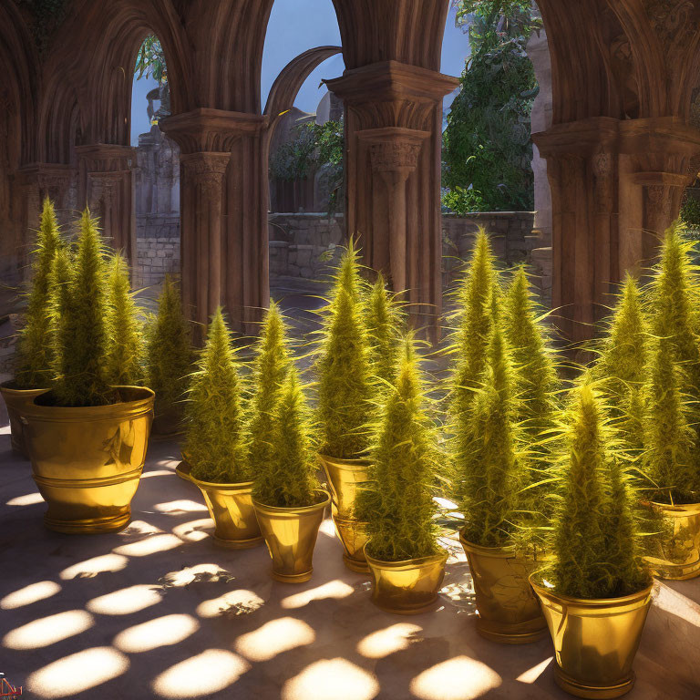 Sunlight filtering through an arcade onto potted conical shrubs in a serene cloister garden