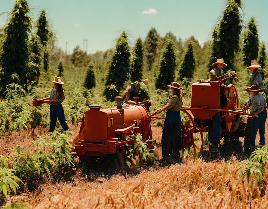 Agricultural Workers in Straw Hats Operating Machinery in Tall Crops