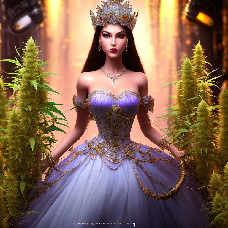 Regal female figure in purple and blue gown with tiara in mystical setting
