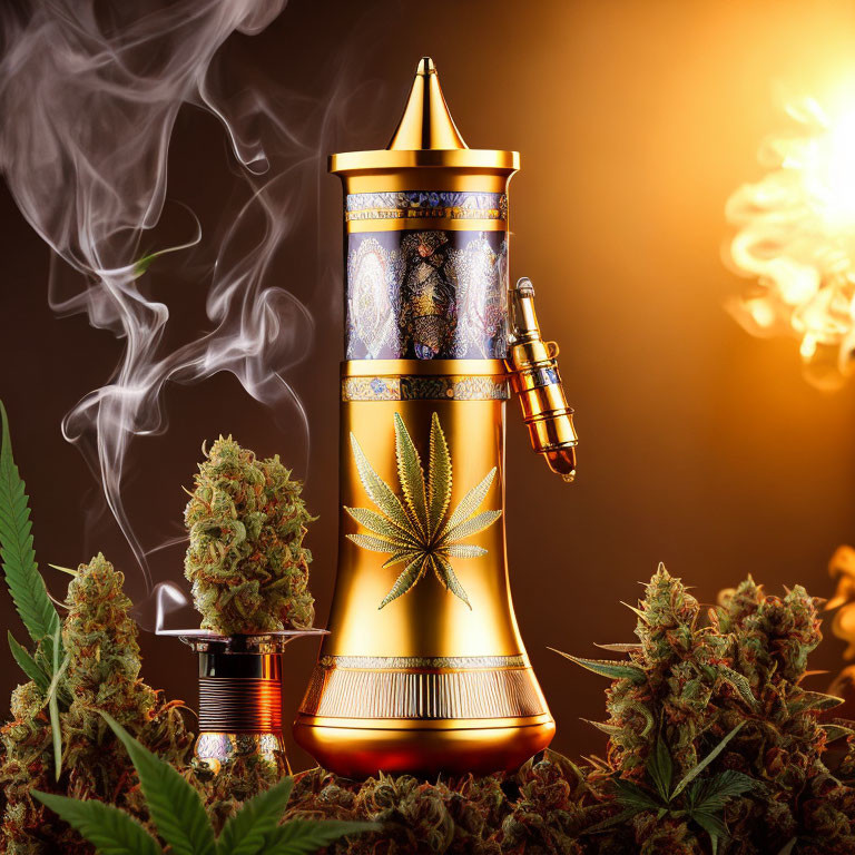 Golden cannabis-themed vaporizer with smoke and grinder on dark background
