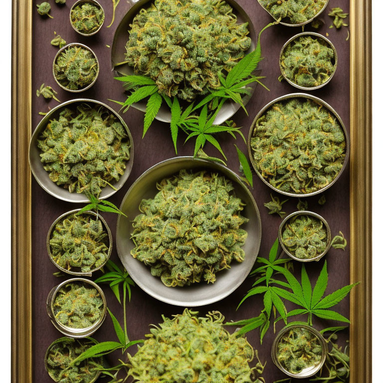 Assorted cannabis buds and leaves on wooden tray