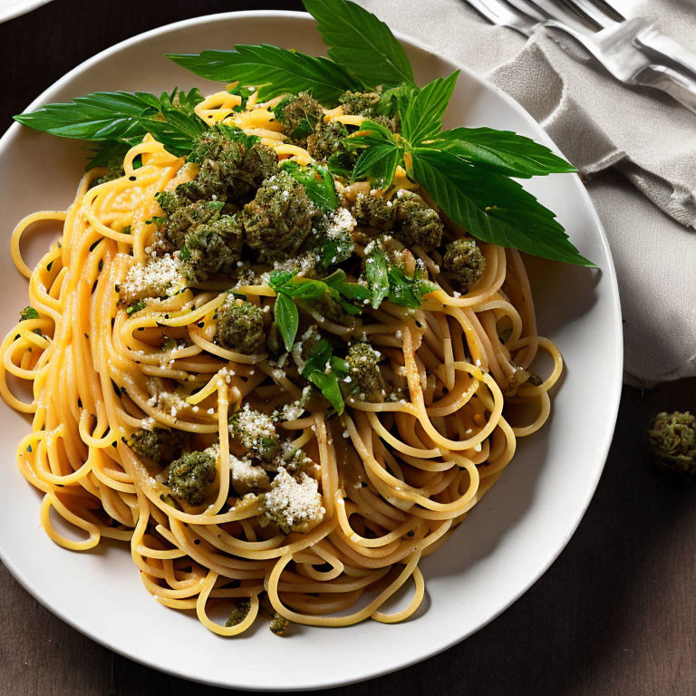Plate of spaghetti with green pesto, basil leaves, and cheese on dark wooden table