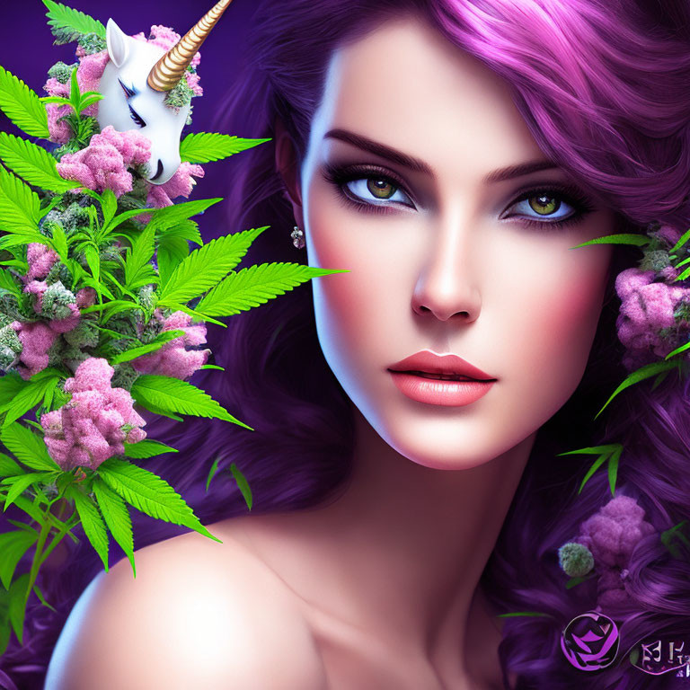 Digital Art: Woman with Purple Hair, Cannabis Leaves, Flowers, and Unicorn Cat