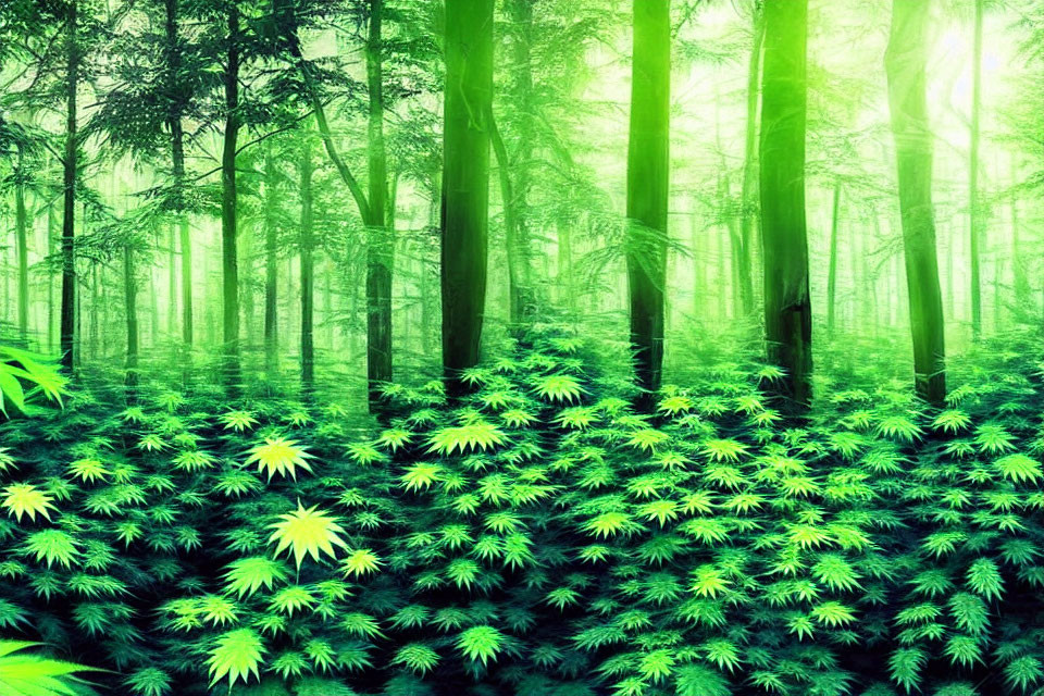 Vibrant green forest with sunbeams and yellow flowers