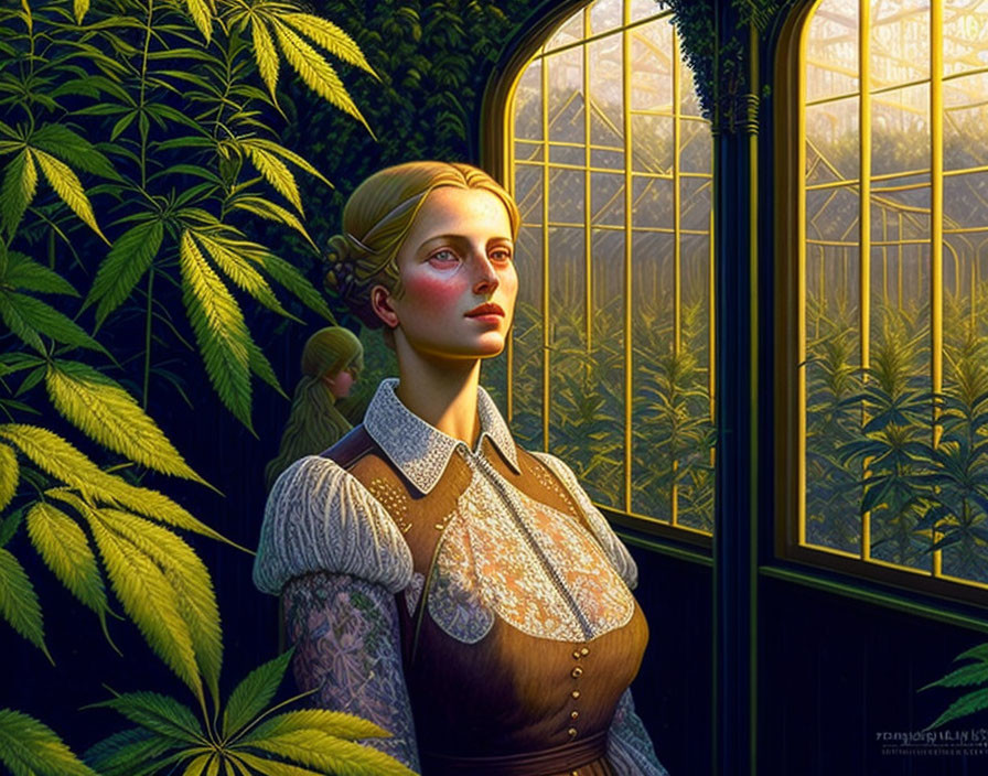 Victorian woman by window in sunlight with lush greenery.