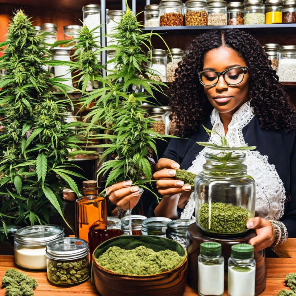 Woman examining jar among cannabis plants and products on wooden table
