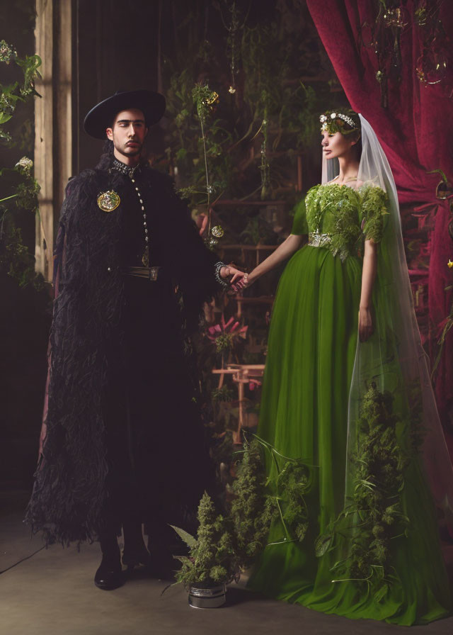 Man in black outfit and woman in green dress with veil holding branches in dark, plant-filled setting