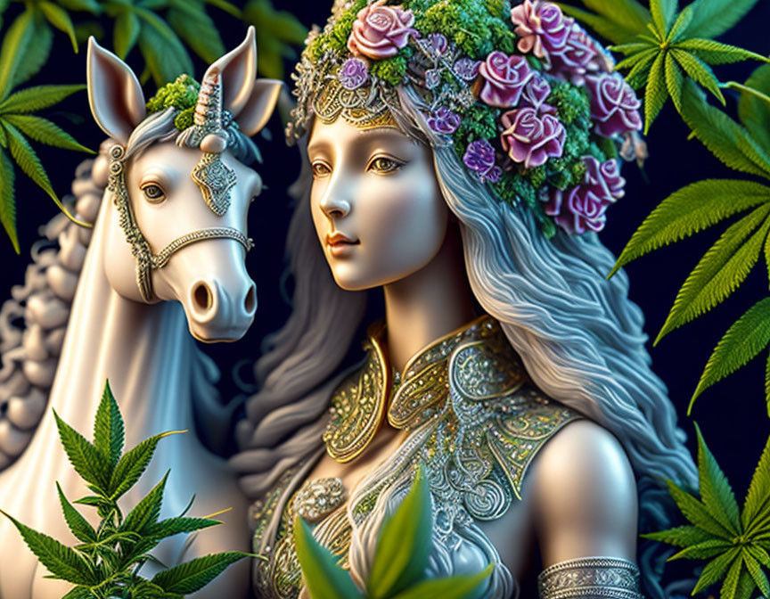 Digital Artwork: Woman with Floral Headwear, Armor, and Unicorn in Cannabis Leaf Setting