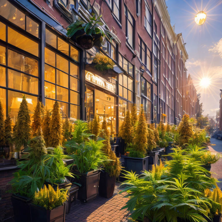 Warmly lit café and lush green plants in cozy street view at sunset