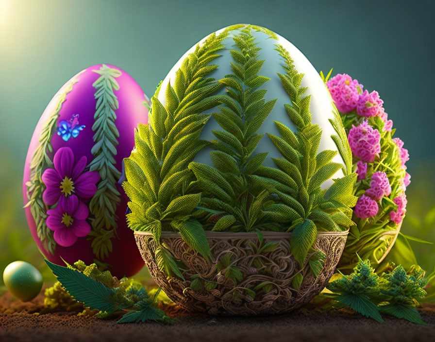 Ornate Floral Easter Eggs on Green Background