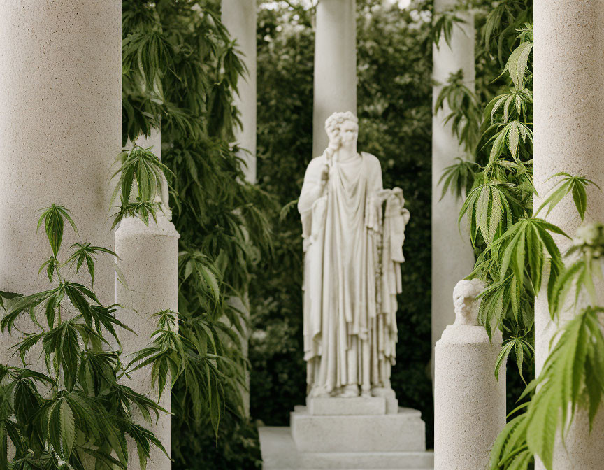 Marble statue surrounded by classical columns and green foliage