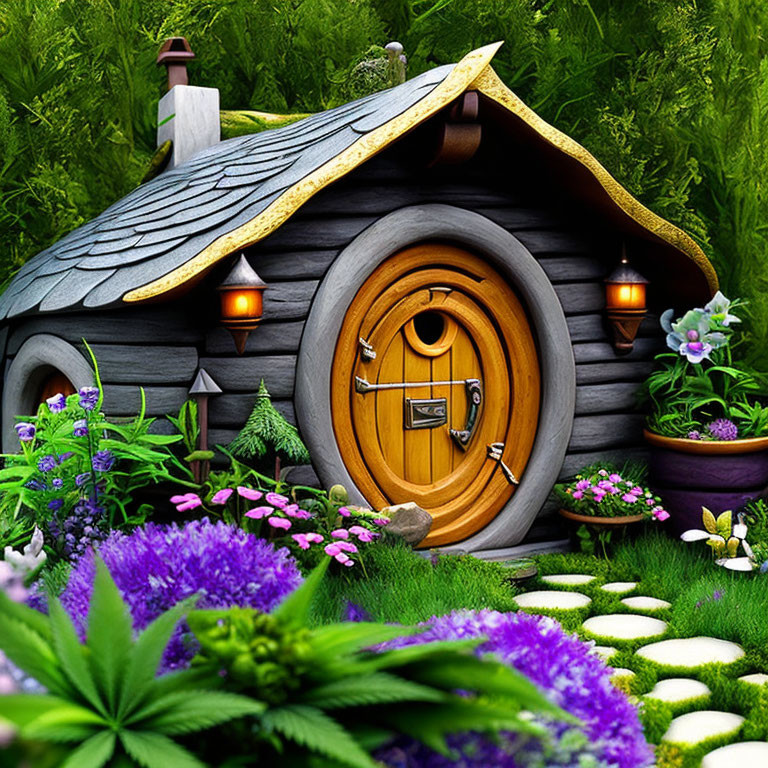 Whimsical cottage door in lush garden setting