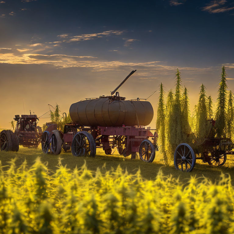 Tractor pulling tank in fields at dusk