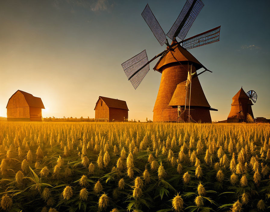 Rural landscape: Sunset, crops, windmills, barns, clear sky