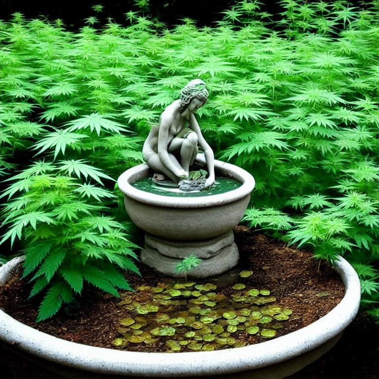 Woman sculpture in fountain with green ferns and scattered coins