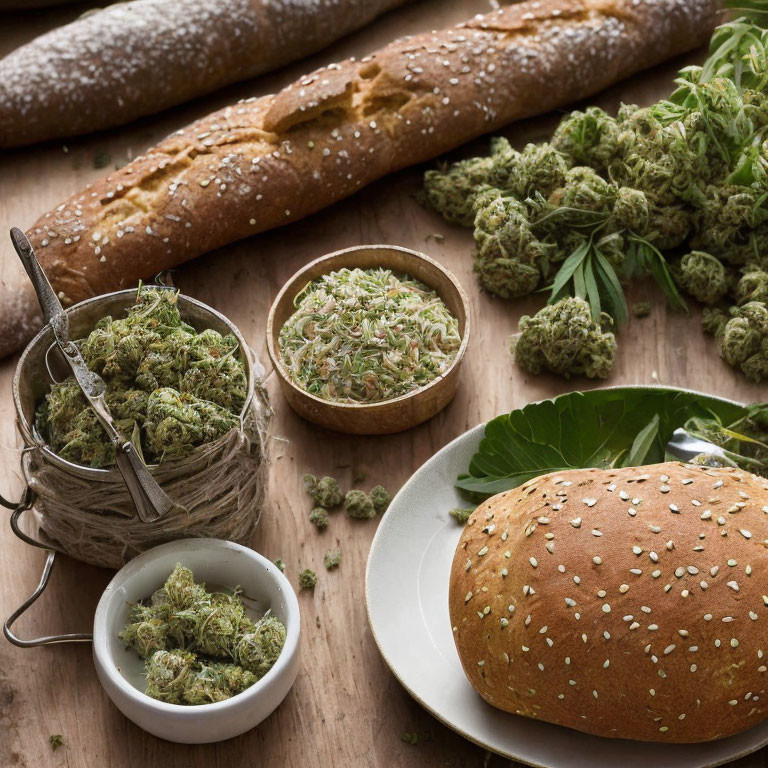 Rustic wooden table with fresh bread and cannabis buds and leaves