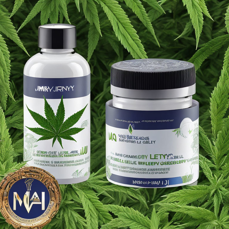 Cannabis-Infused Skincare Products with Bottle and Jar on Cannabis Leaves Background