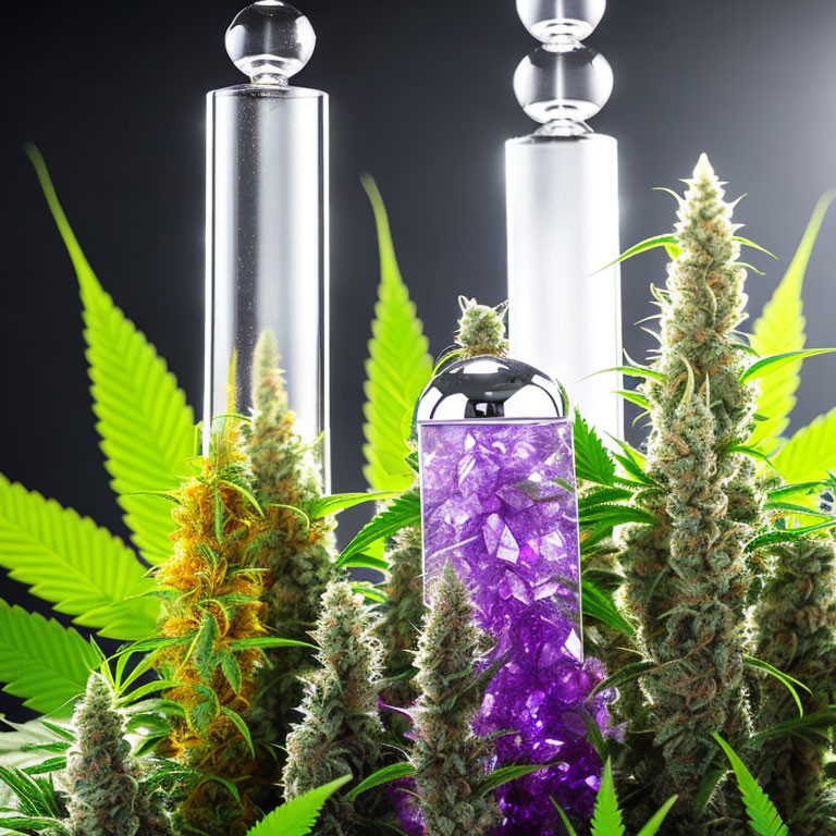 Glass Bottles with Crystal and Metallic Caps Next to Cannabis Leaves and Buds