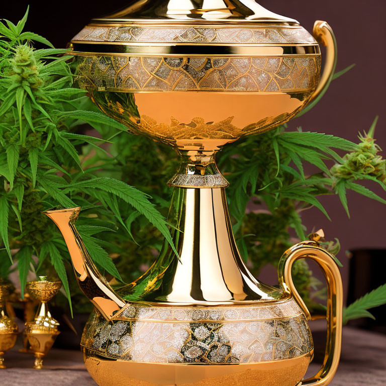 Golden Teapot with Intricate Patterns and Cannabis Plant Background