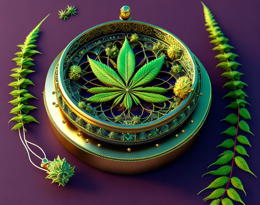 Intricate golden astrolabe with cannabis leaf on purple background