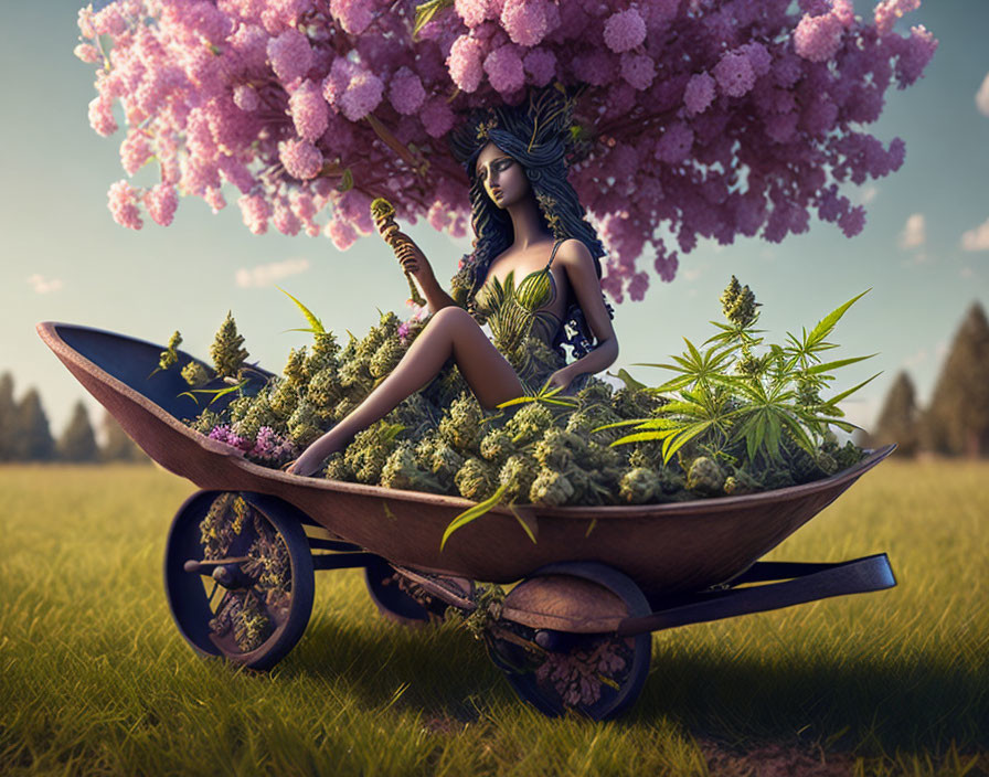Fantasy woman with horns in black attire surrounded by cannabis plants under a pink tree