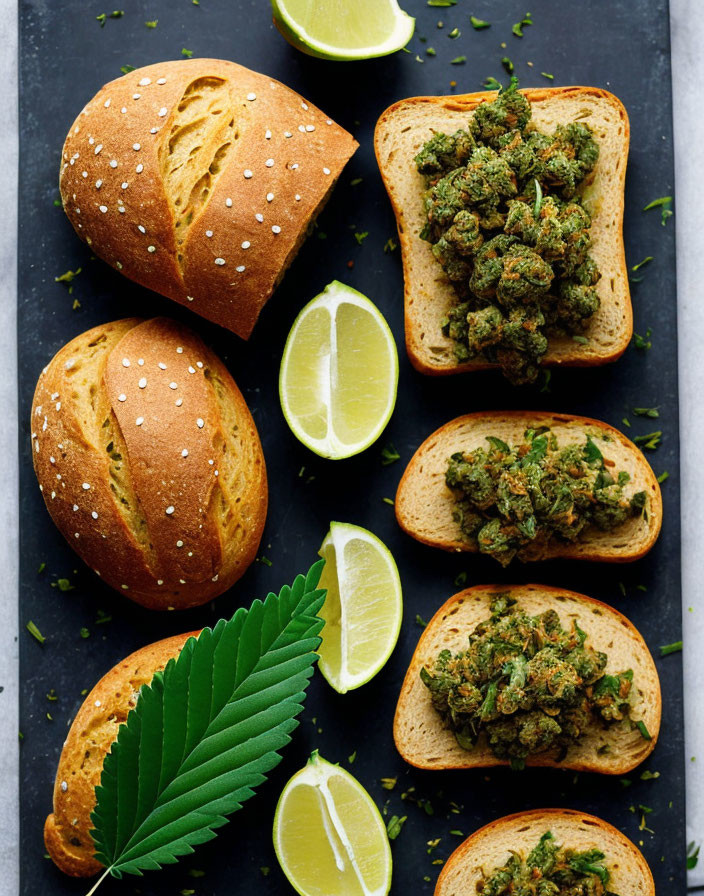 Sliced Bread with Cannabis Buds, Whole Loaves, Lime Wedges, and Cannabis Leaf on