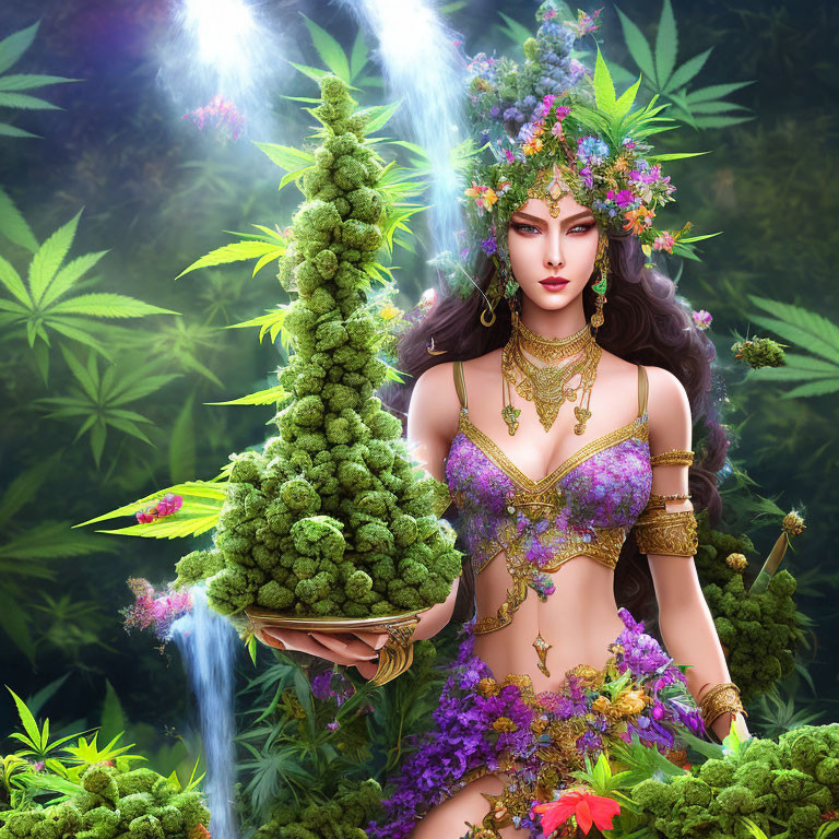 Fantasy illustration of woman with floral and cannabis motifs holding large bud