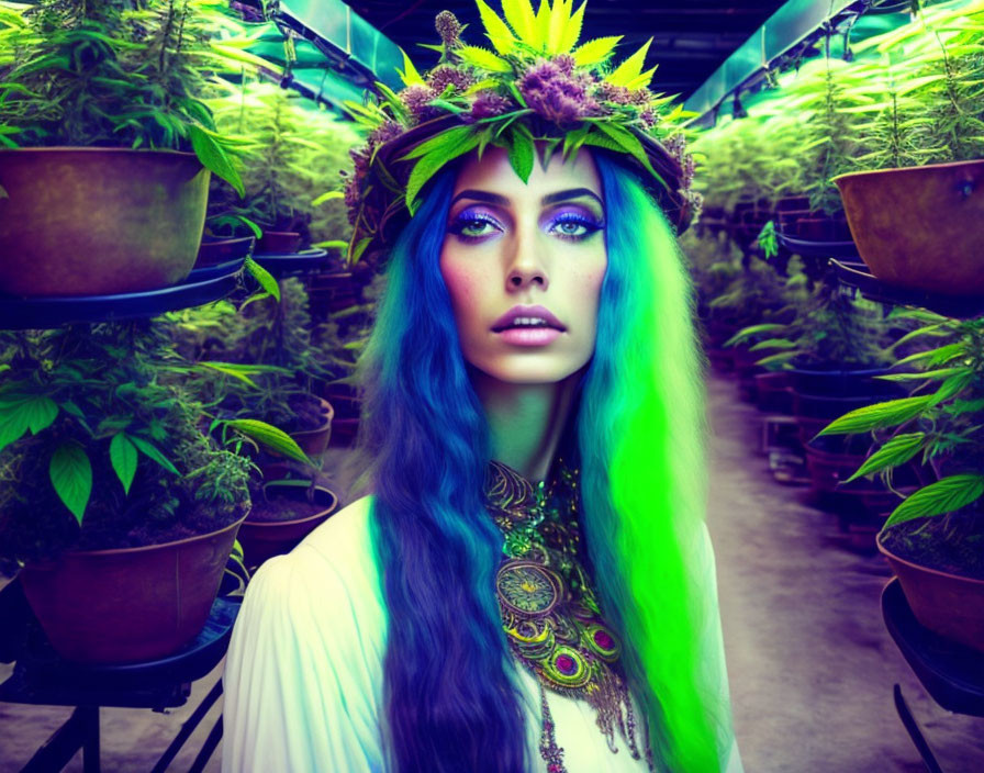 Vibrant portrait of woman with blue and green hair, dramatic makeup, and leafy headdress
