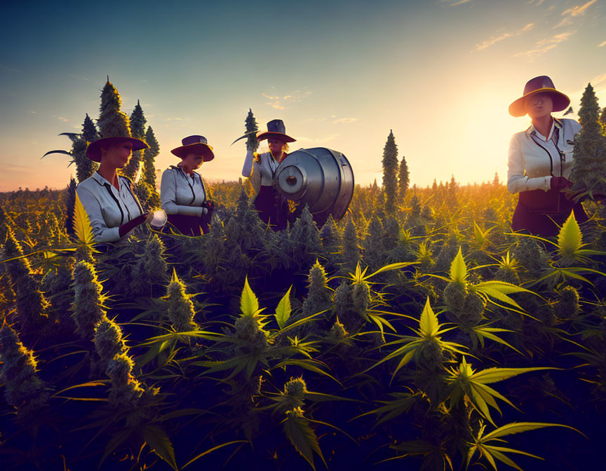 Four Women Tending Cannabis Plants at Sunset