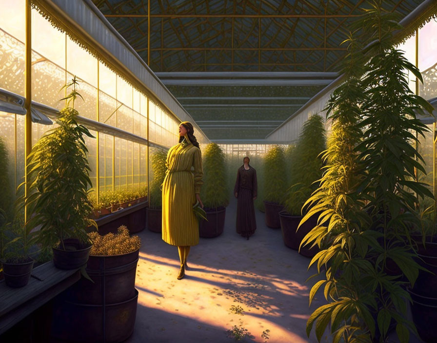 Person in Yellow Dress Walking in Greenhouse with Large Plants