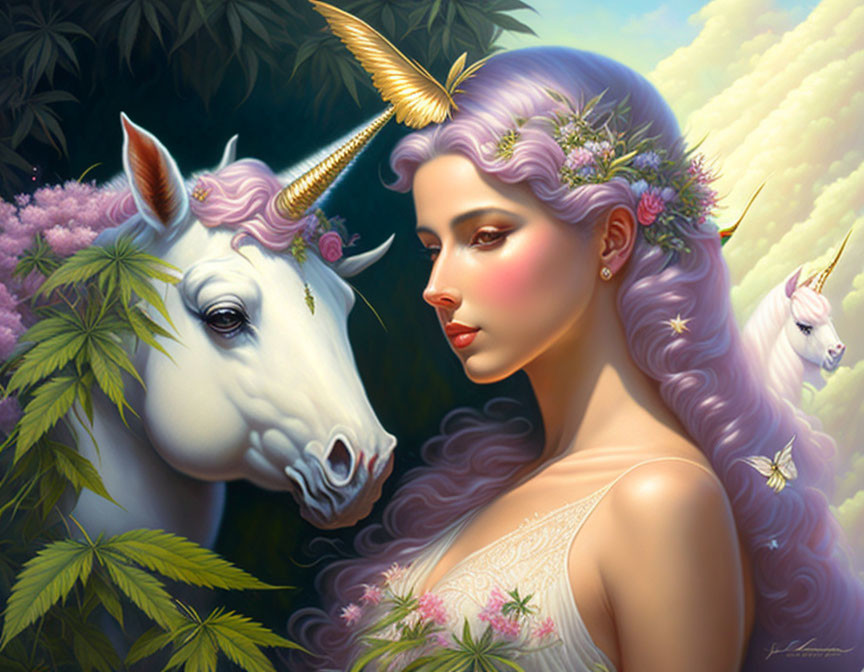 Fantasy illustration of woman with flowers and unicorn in lush green setting