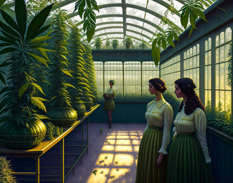 Vintage-clad women in lush greenhouse with tall green plants