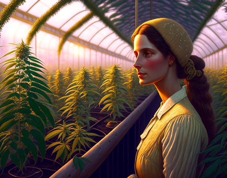 Woman standing in greenhouse with cannabis plants and warm light