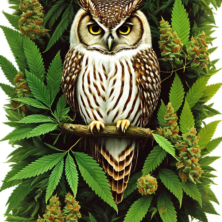 Owl perched on branch among cannabis leaves