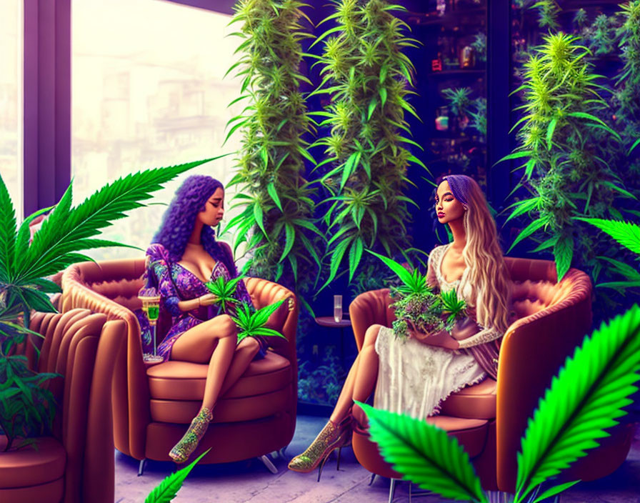 Two women in vibrant room with cannabis plants on armchairs