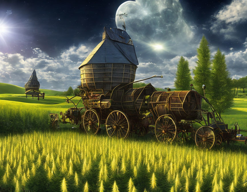 Fantasy landscape with wooden house on wheels in moonlit field