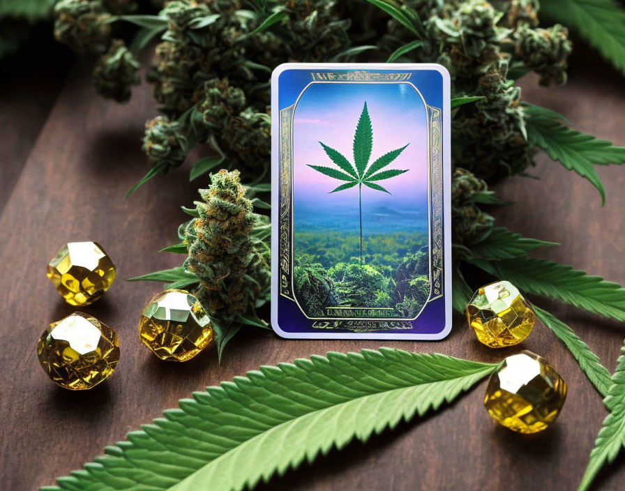 Cannabis-Themed Tarot Card with Dice and Marijuana Buds