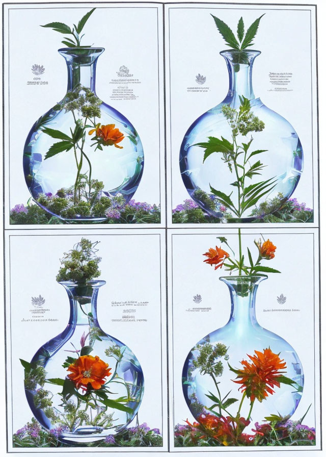 Transparent Vases with Colorful Flowers and Leaves Arrangements on White Background
