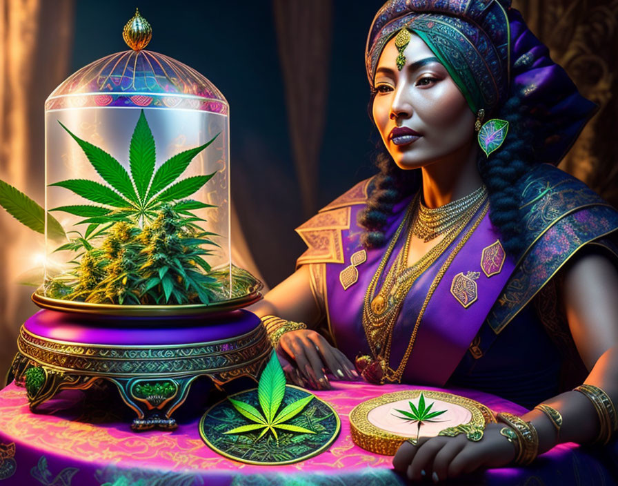 Digital artwork: Woman as royalty with lavish jewelry inspecting cannabis plant under glass dome